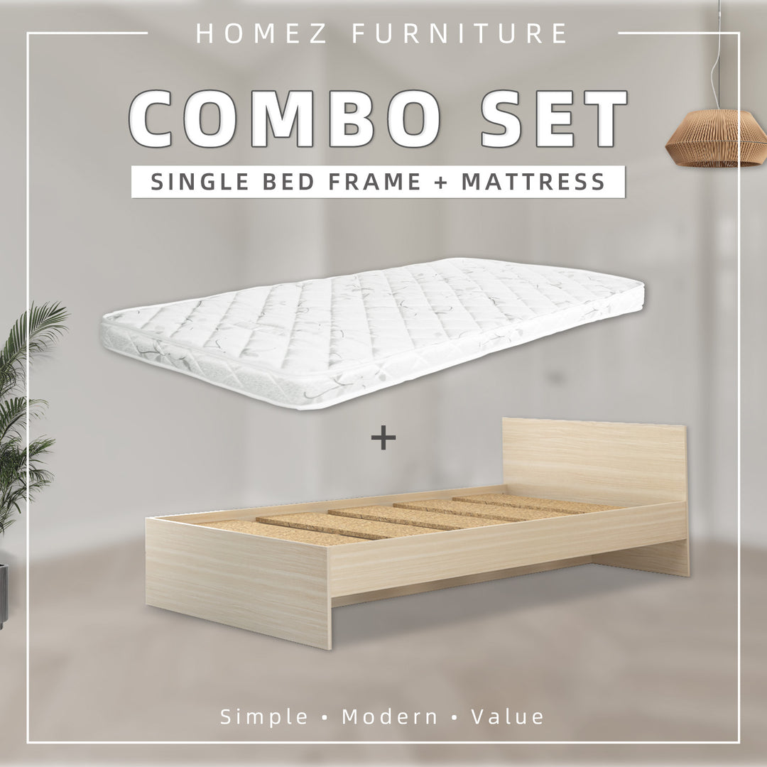 [COMBO] Homez Wooden Single Bed Frame with Headboard / without Headboard + 4 Inch Student High Density Rebond Foam Mattress-BF-8002/8022