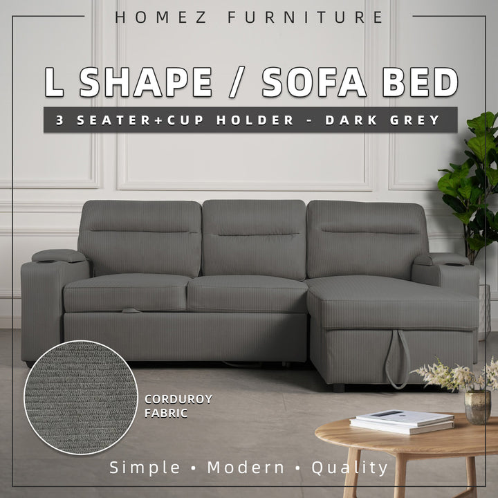 Homez 3 Seater L-Shape Leathaire/Linen/Corduroy Fabric Multifunctional Sofa Bed Cup Holder -8044/8054/8055