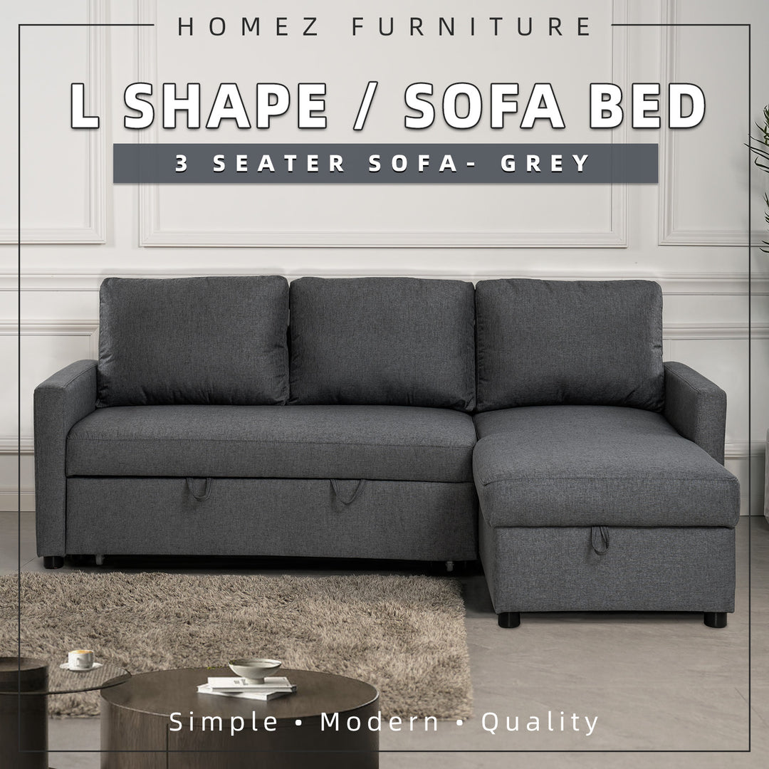 Homez 3 Seater L-Shape Leathaire/Linen/Corduroy Fabric Multifunctional Sofa Bed Cup Holder -8044/8054/8055