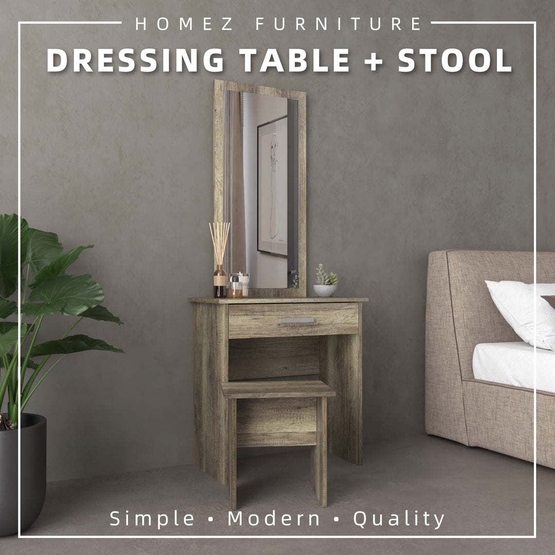 Homez 4FT Alian Wooden Sliding Wardrobe Set Almari Baju Dressing Table Side Table Set - WD-3138-GY