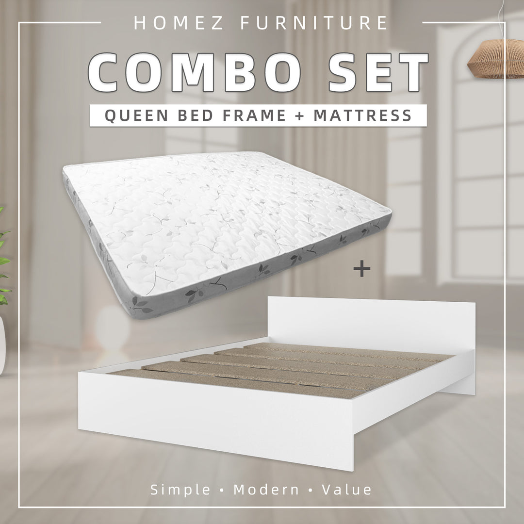 [COMBO] Homez Wooden Queen Bed Frame with Headboard / without Headboard + 5 Inch High Density Rebond Foam Mattress-BF-8003/8023