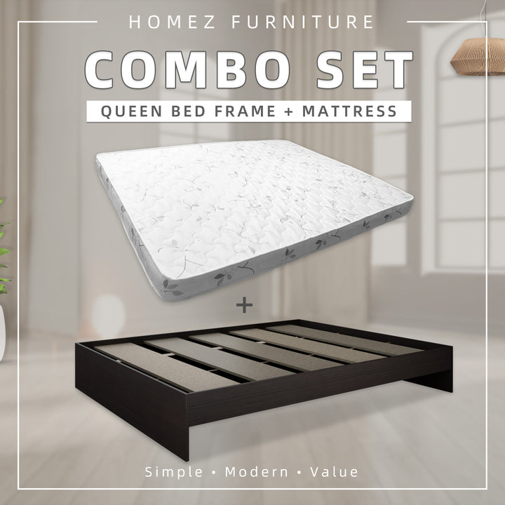 [COMBO] Homez Wooden Queen Bed Frame with Headboard / without Headboard + 5 Inch High Density Rebond Foam Mattress-BF-8003/8023