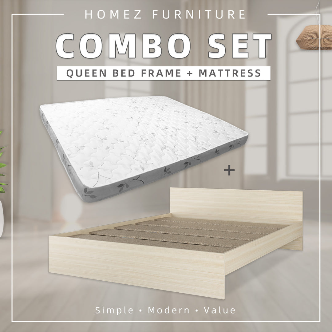 [COMBO] Homez Wooden Queen Bed Frame with Headboard / without Headboard + 5 Inch High Density Rebond Foam Mattress-BF-8003/8023