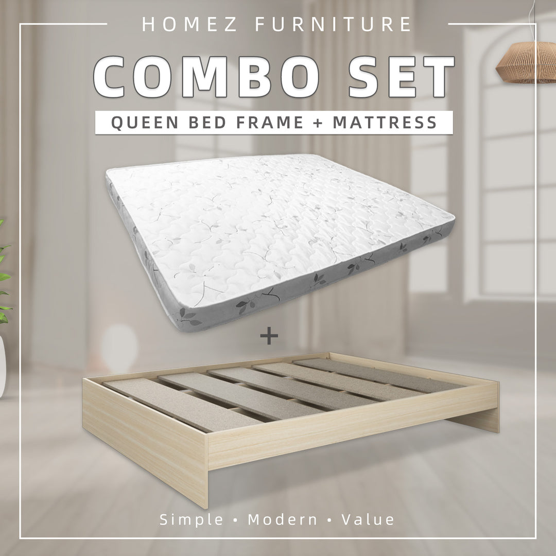 [COMBO] Homez Wooden Queen Bed Frame with Headboard / without Headboard + 5 Inch High Density Rebond Foam Mattress-BF-8003/8023