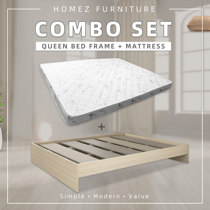 [COMBO] Homez Wooden Queen Bed Frame with Headboard / without Headboard + 5 Inch High Density Rebond Foam Mattress-BF-8003/8023