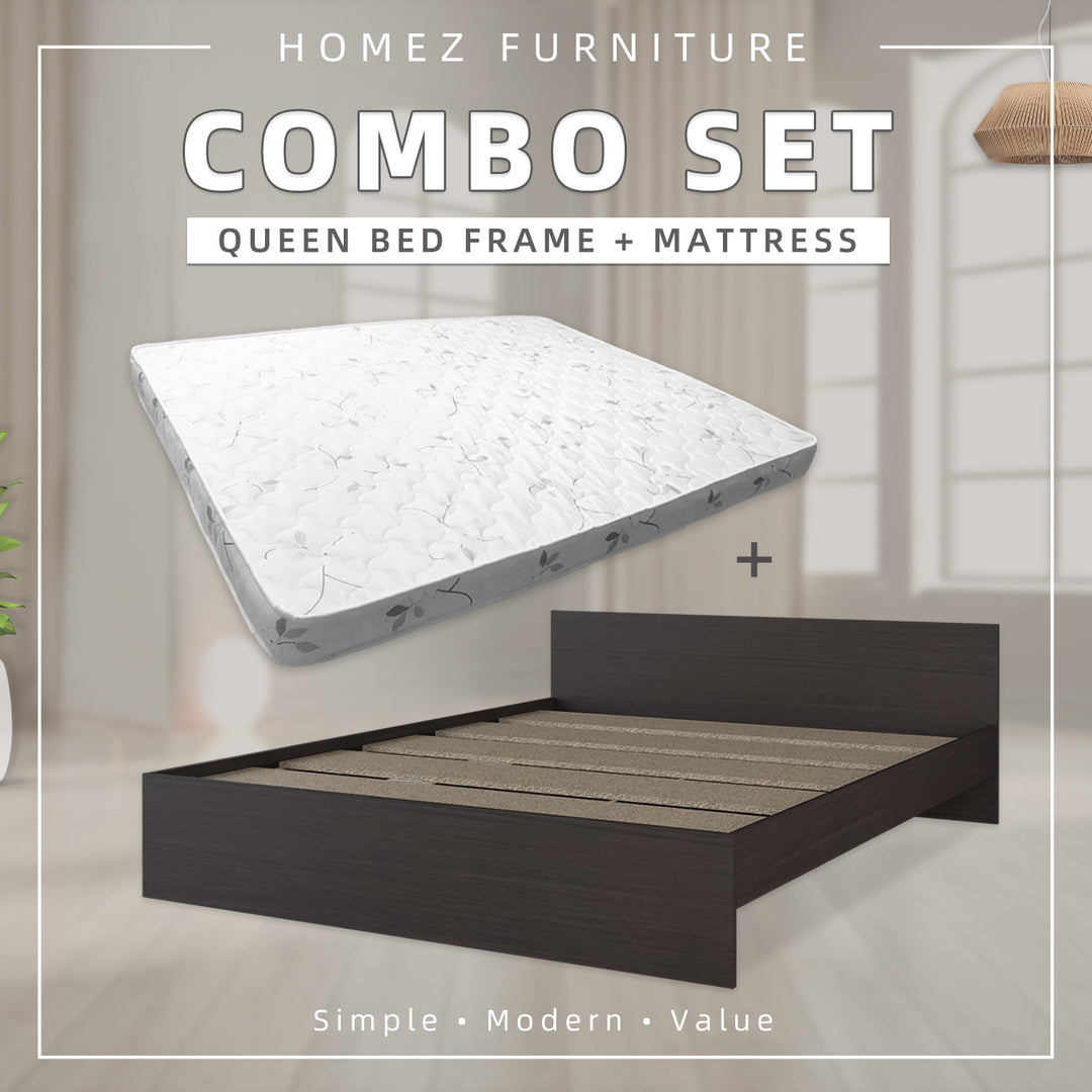 [COMBO] Homez Wooden Queen Bed Frame with Headboard / without Headboard + 5 Inch High Density Rebond Foam Mattress-BF-8003/8023