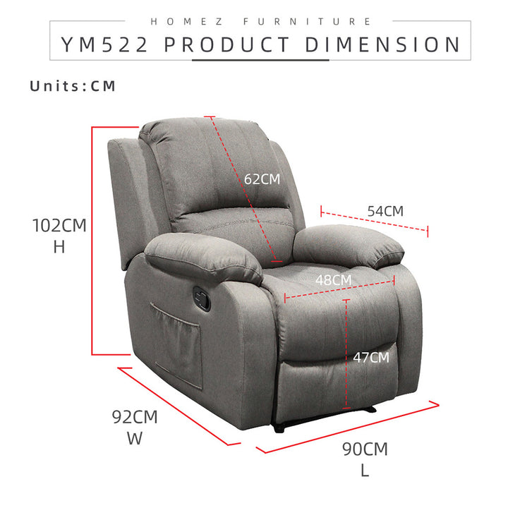 Homez 1 Seater Recliner Sofa TPU/PU Pet Friendly Fabric Linen Fabric Single Seat Sofa Bed SF-522/523/545