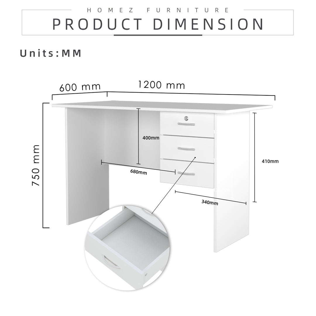 Homez 4FT Writing Table Solid Board with 1 Locker + 2 Drawers / Banquet Table with Metal Leg